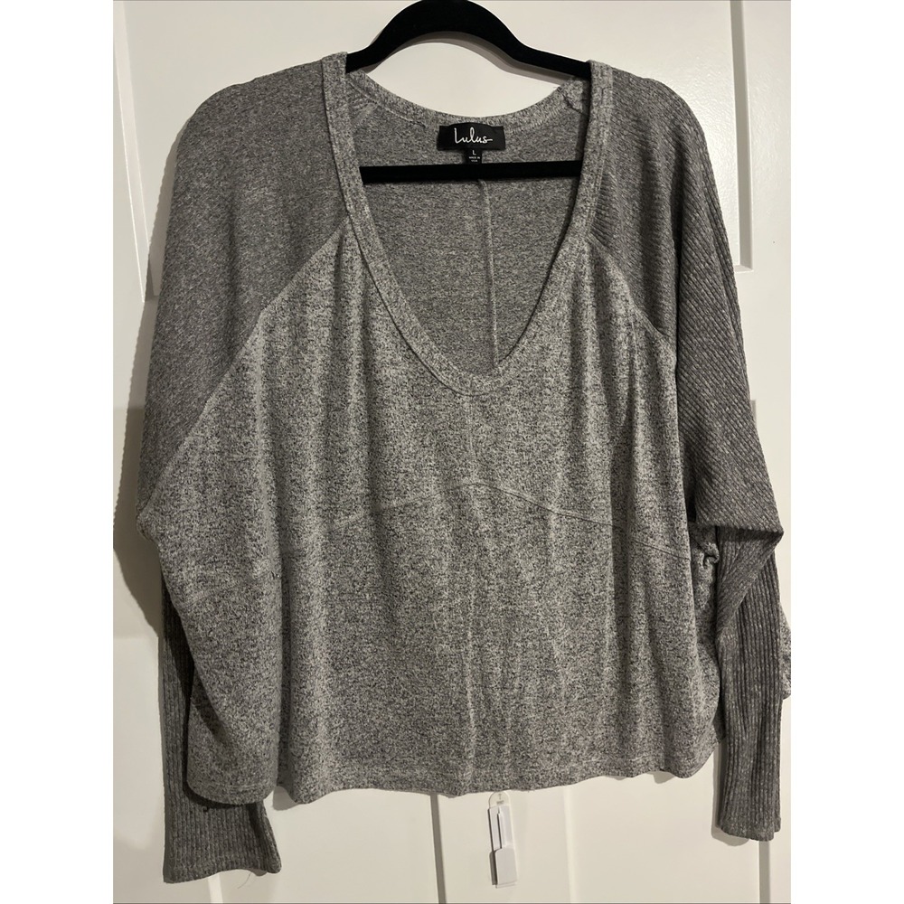 Lulus Womens Gray V-Neck Pullover Sweater Ribbed Long Sleeve Oversized Large